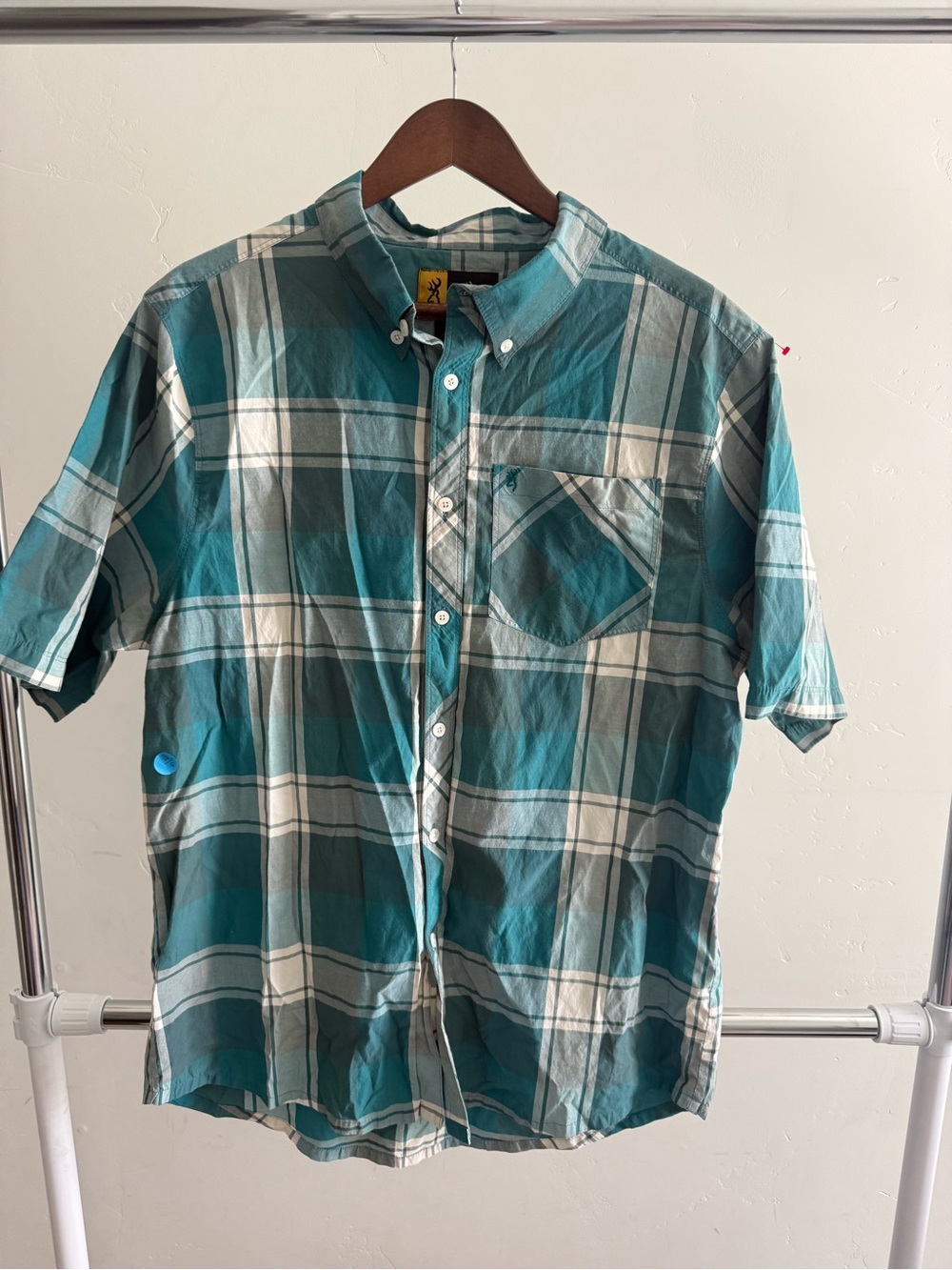 Browning Teal and White Plaid Short-Sleeve Button-Up Shirt